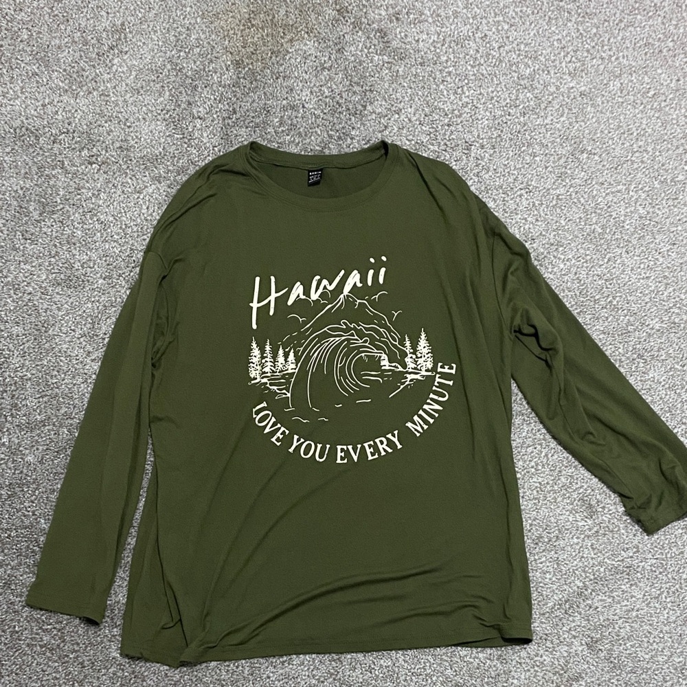 SHEIN Olive Green Hawaii Graphic Long Sleeve Tee